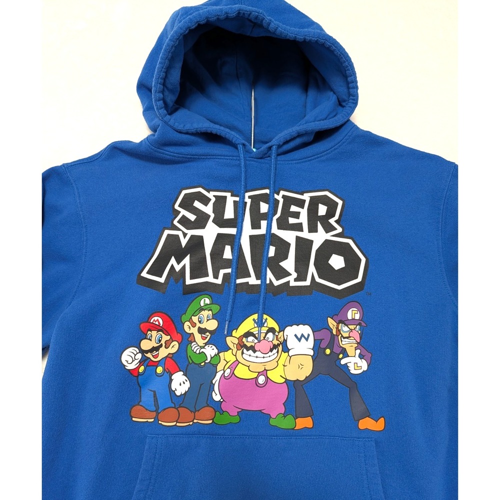Official Nintendo Super Mario Blue Graphic Hoodie Mens Small Wario Luigi Sleeve - Picture 3 of 11